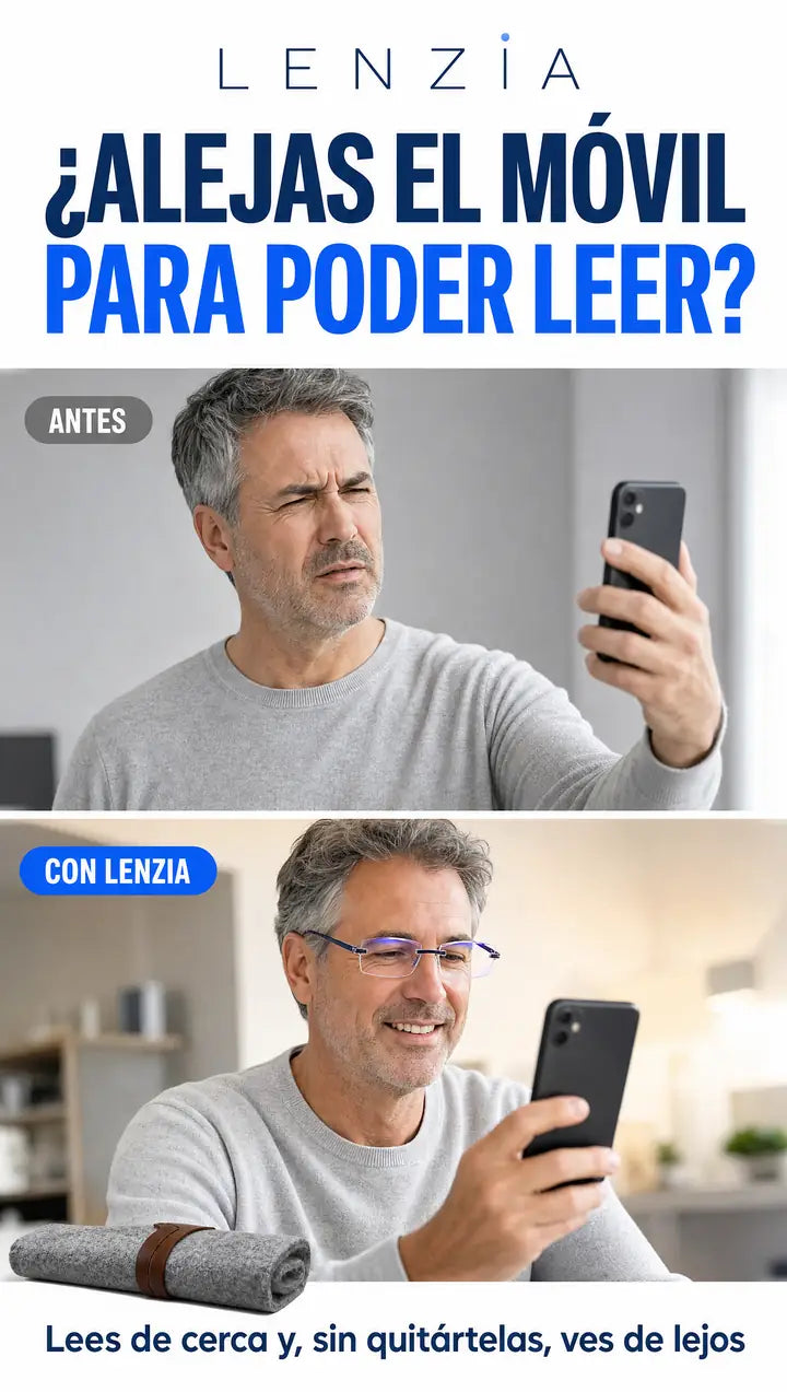 Antes alejabas el móvil para leer; con LENZIA lees de cerca y, sin quitártelas, ves de lejos