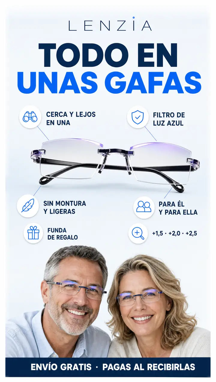 Todo en unas gafas: cerca y lejos, filtro de luz azul, sin montura, para él y para ella, funda de regalo y graduaciones +1,5, +2,0 y +2,5