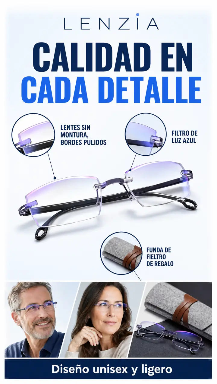 Calidad en cada detalle: lentes sin montura con bordes pulidos, filtro de luz azul y funda de fieltro de regalo